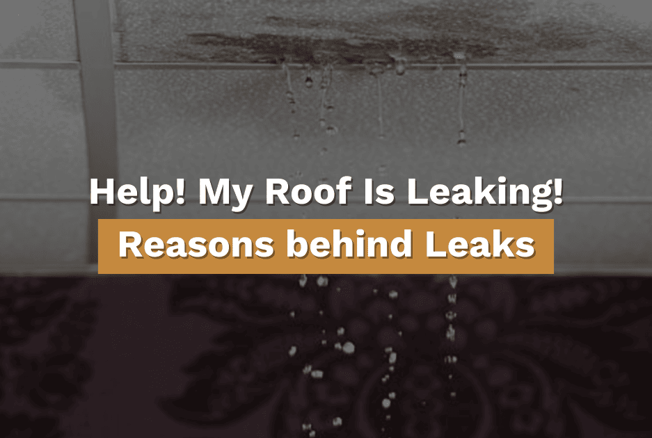 Leaks from roof with text stating "Help! My Roof is Leaking! Reasons behind Leaks"