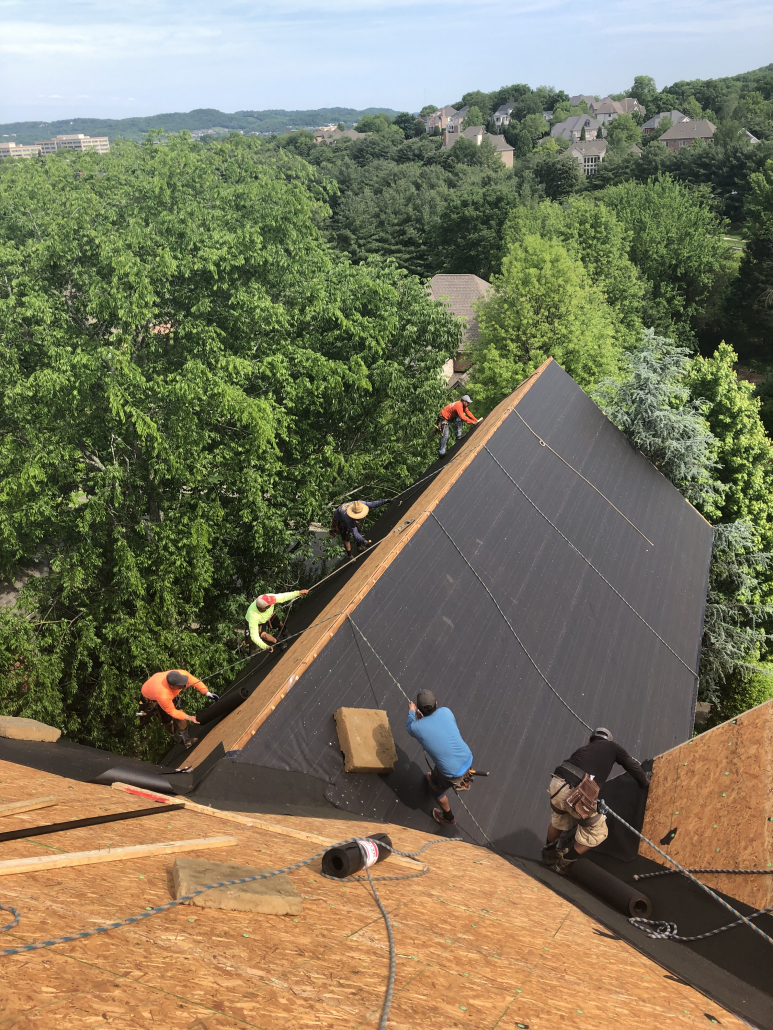 Five roofers from Five Points Roofing Company installing a new roof