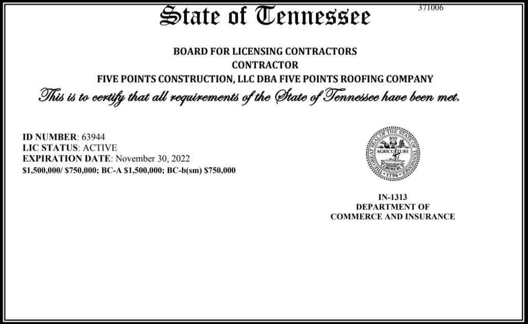 five-points-roofing-general-contractor-license Five Points Roofing Company State of Tennessee Board for Licensing Contractors Certificate