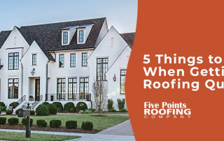 modern white home with blank shingle roofing and window treatmnets with text reading, "5 things to ask when getting roofing quotes" and a five points roofing company logo