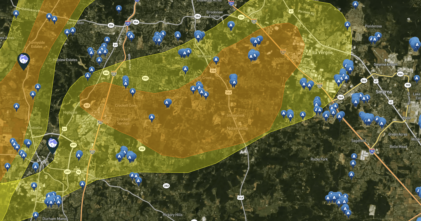 Map of the march 25th hail storm in Nolensville, TN