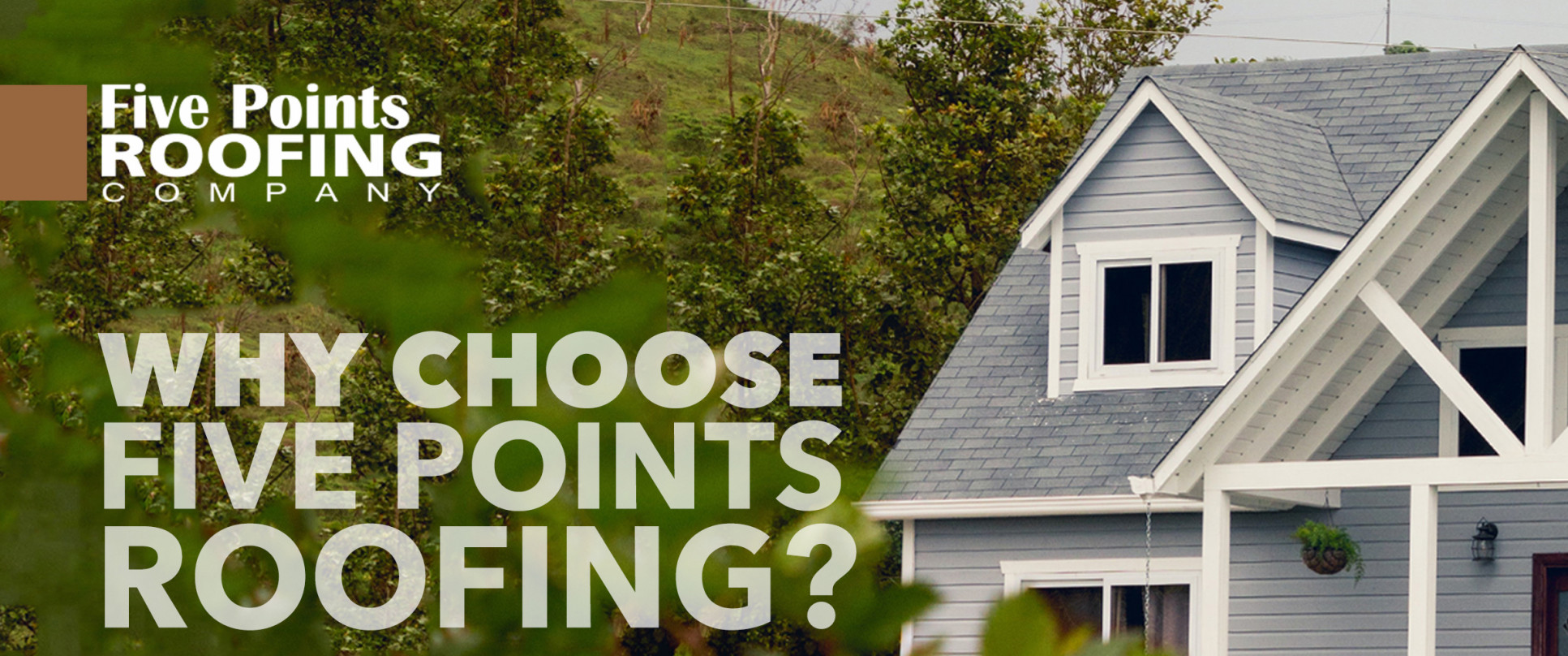 A gray and white house with a triangular roof is surrounded by trees, symbolizing tranquility and protection. Text reads, Why Choose Five Points Roofing for storm damage repair? with the company logo at the top left. Proudly serving Nashville and Franklin areas.