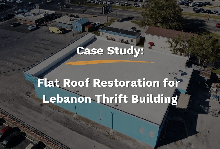 Aerial view of the Lebanon Thrift Building showcasing the restored flat roof system installed by Five Points Roofing for improved waterproofing and safety.