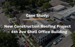 Aerial view of the newly constructed 4th Ave Shell Office Building in Franklin, TN with a finished roof installed by Five Points Roofing.