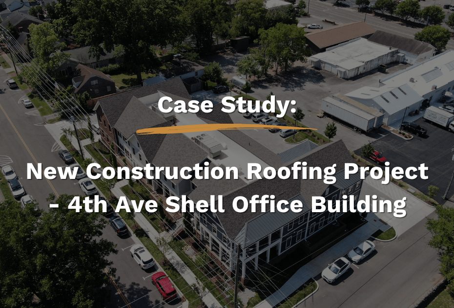 Aerial view of the newly constructed 4th Ave Shell Office Building in Franklin, TN with a finished roof installed by Five Points Roofing.