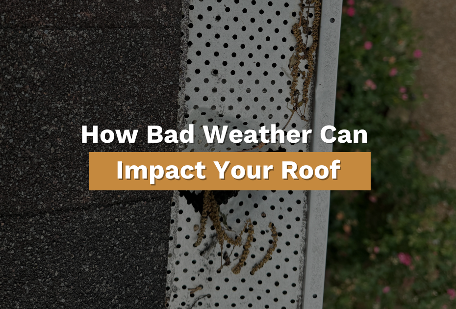 damaged gutters and roof from Middle Tennessee Hail storm with text