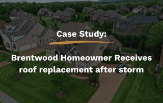 Aerial view of a Brentwood, TN home featuring a newly replaced roof after storm damage, completed by Five Points Roofing.