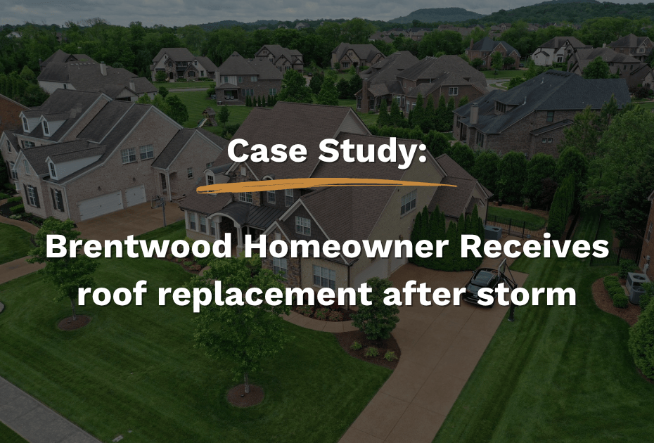 Aerial view of a Brentwood, TN home featuring a newly replaced roof after storm damage, completed by Five Points Roofing.