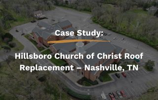 Aerial view of Hillsboro Church of Christ in Nashville, TN featuring a newly replaced roof with Highland Slate shingles by Five Points Roofing.