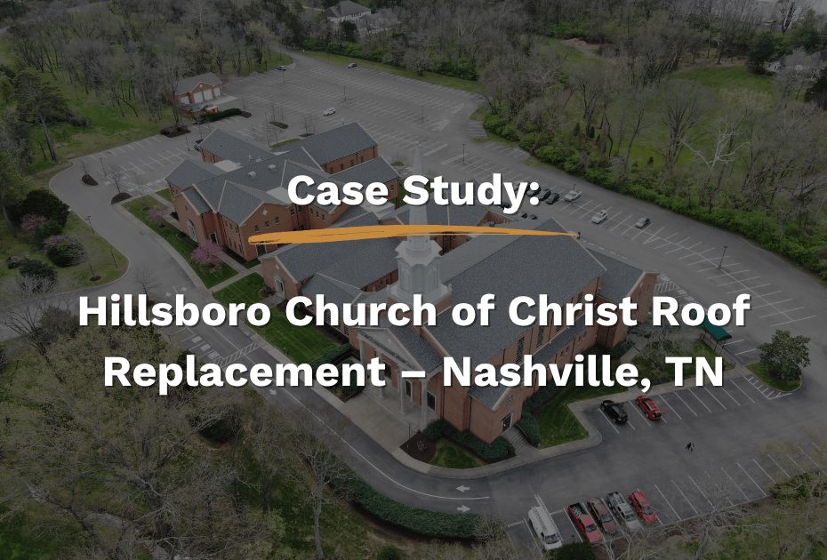 Aerial view of Hillsboro Church of Christ in Nashville, TN featuring a newly replaced roof with Highland Slate shingles by Five Points Roofing.