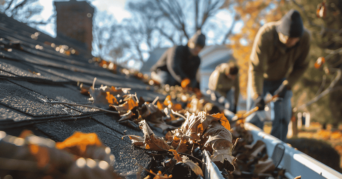 Close-up of leaves on a roof with workers in the background cleaning gutters.
