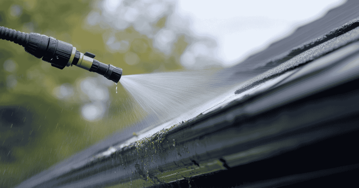 A hose spraying water on a roof, demonstrating the cleaning process to remove moss and debris.