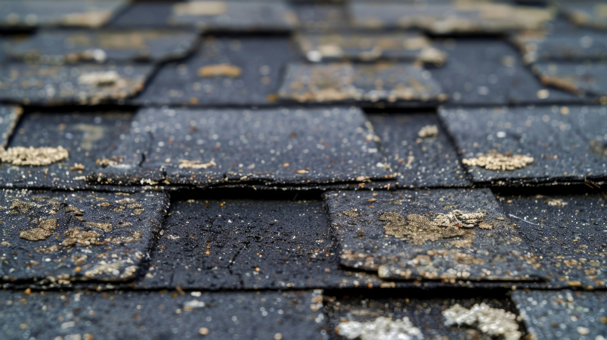 The worn and weathered surface of these asphalt shingles is peppered with small divots and scratches giving it a unique and rough texture