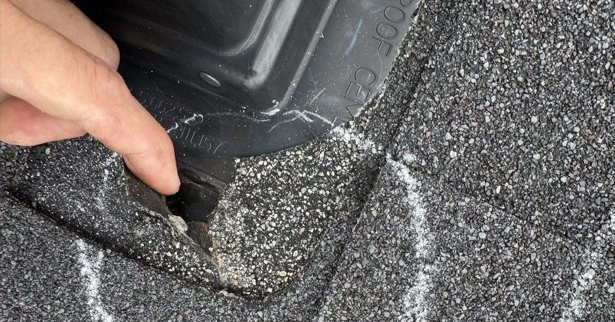 Close-up of a cracked pipe boot on a roof, showing signs of wear and tear.