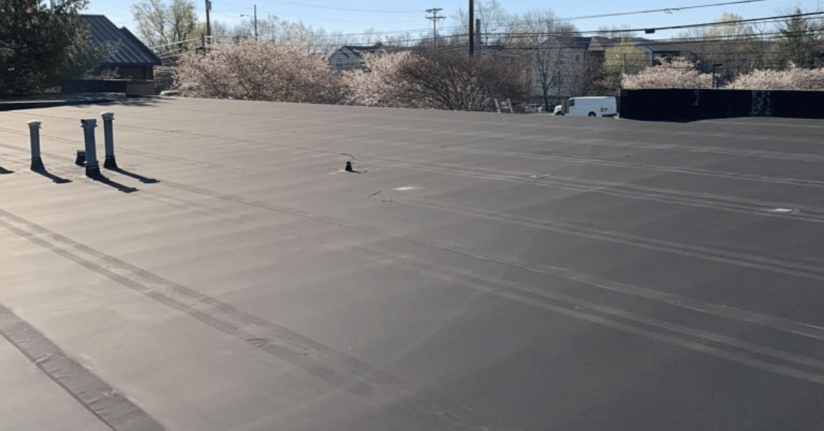A close-up of a newly installed black flat roof with pipe vents, surrounded by blooming trees and a sunny backdrop.