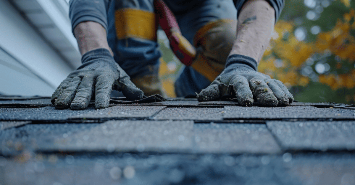 A roofer's gloved hands repairing a section of asphalt shingles on a residential roof.