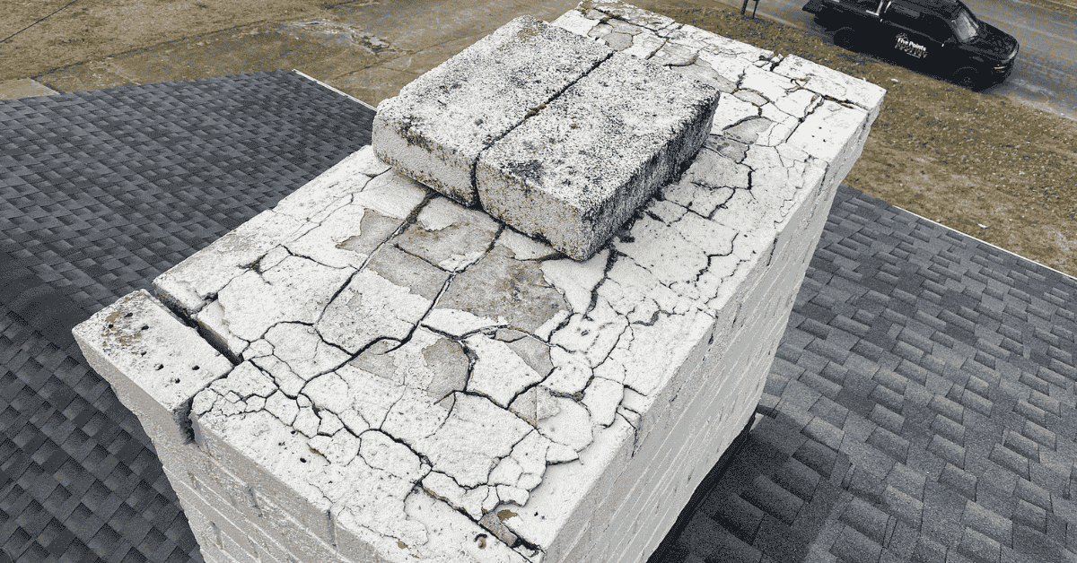 A deteriorating and cracked chimney top with signs of aging.