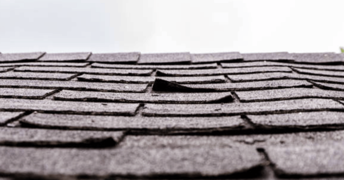 Close-up of damaged asphalt shingles with visible curling and lifting, indicating a need for roof repair or replacement.