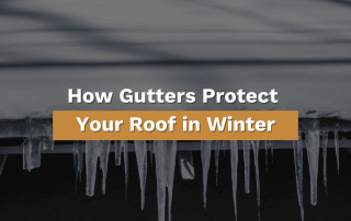 Ice dam on Tennessee Roof with text stating "How Gutters Protect Your Roof in Winter"