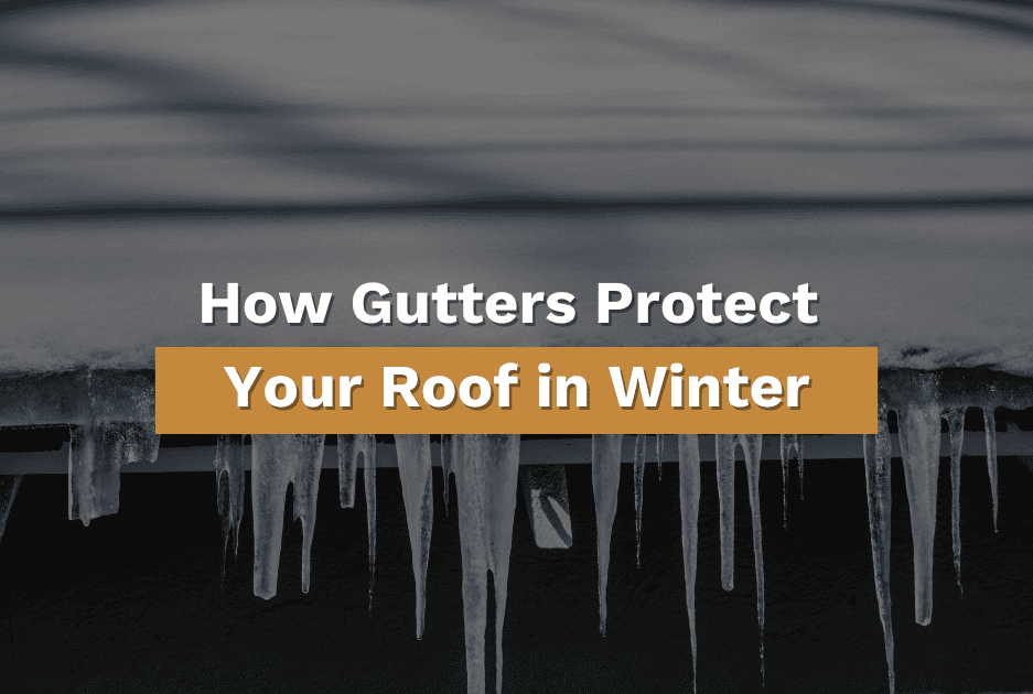 Ice dam on Tennessee Roof with text stating "How Gutters Protect Your Roof in Winter"