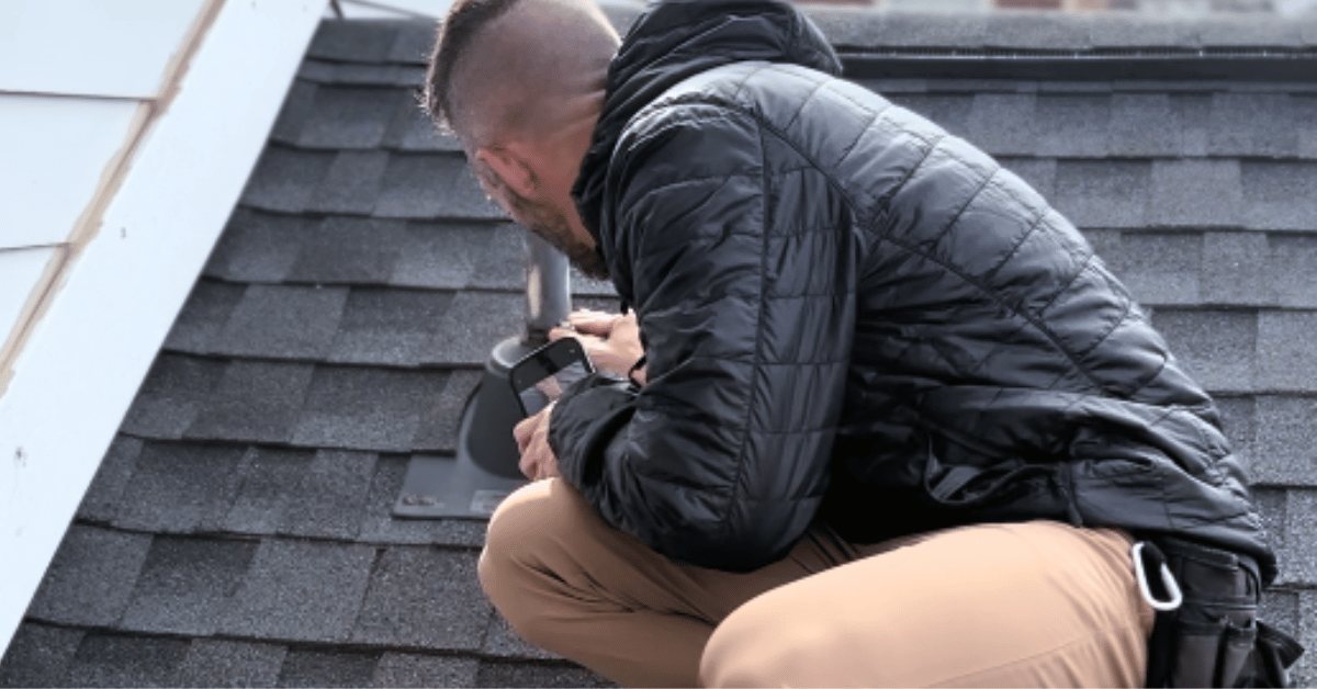 A roofer kneeling on a roof, inspecting shingles and vents for damage.