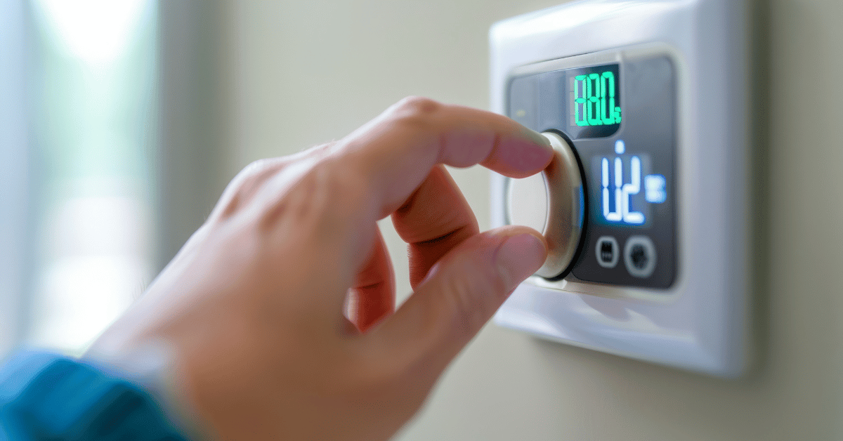 A person adjusting a digital thermostat to save energy.