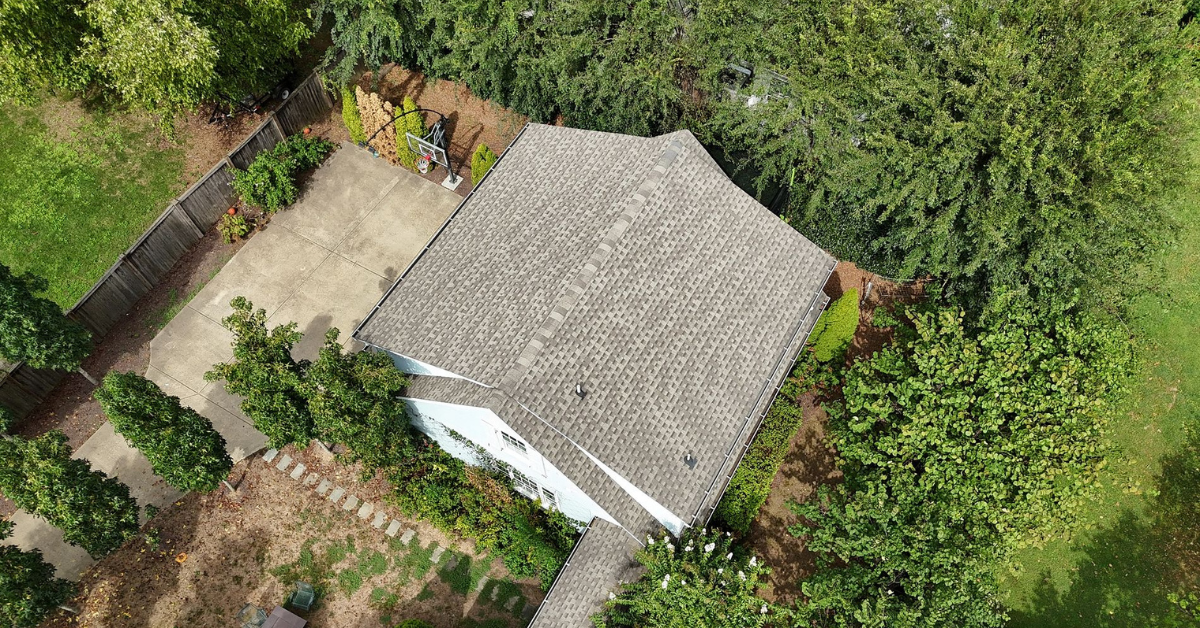 Aerial view of a residential home with an asphalt shingle roof surrounded by greenery.
