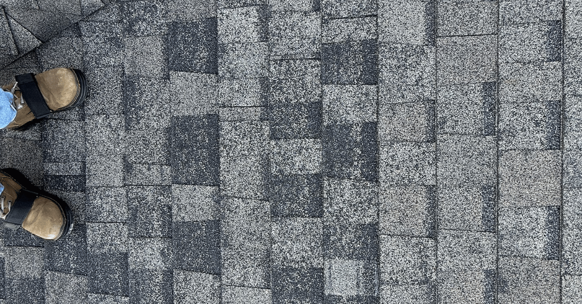 Worker standing on Tamko shingles showing granule loss and wear from rain and storms.