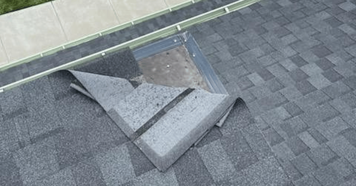 A close-up view of asphalt shingles peeling back, exposing the roof deck.