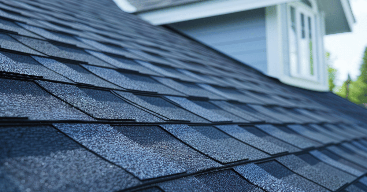 A close-up of high-definition architectural shingles on a residential home.