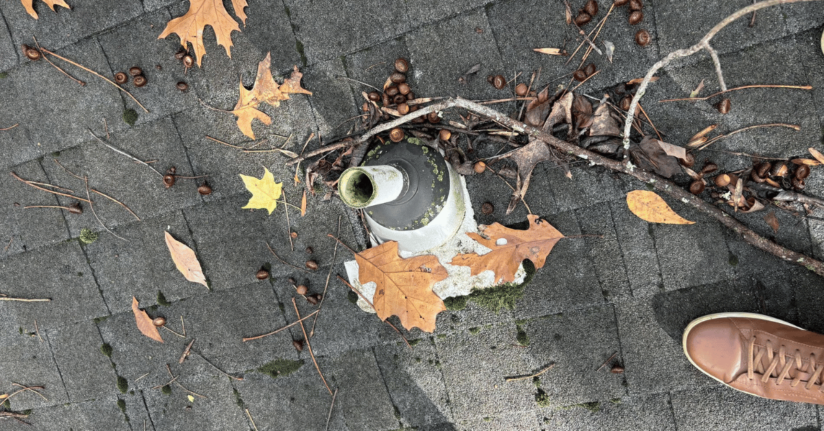 A roof covered with leaves, twigs, and a partially blocked vent pipe.