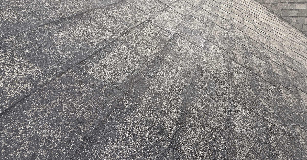 Close-up of shingles that are warped and starting to lift.