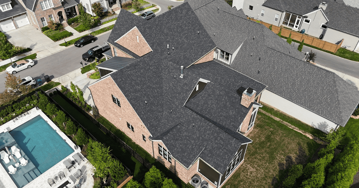 Overhead photo of a new, professionally installed asphalt shingle roof on a home in Middle Tennessee