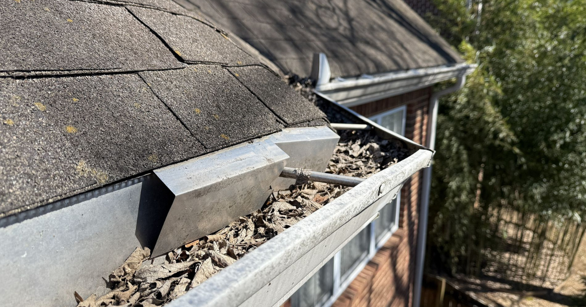 A roof gutter filled with leaves and debris, causing potential water blockage.