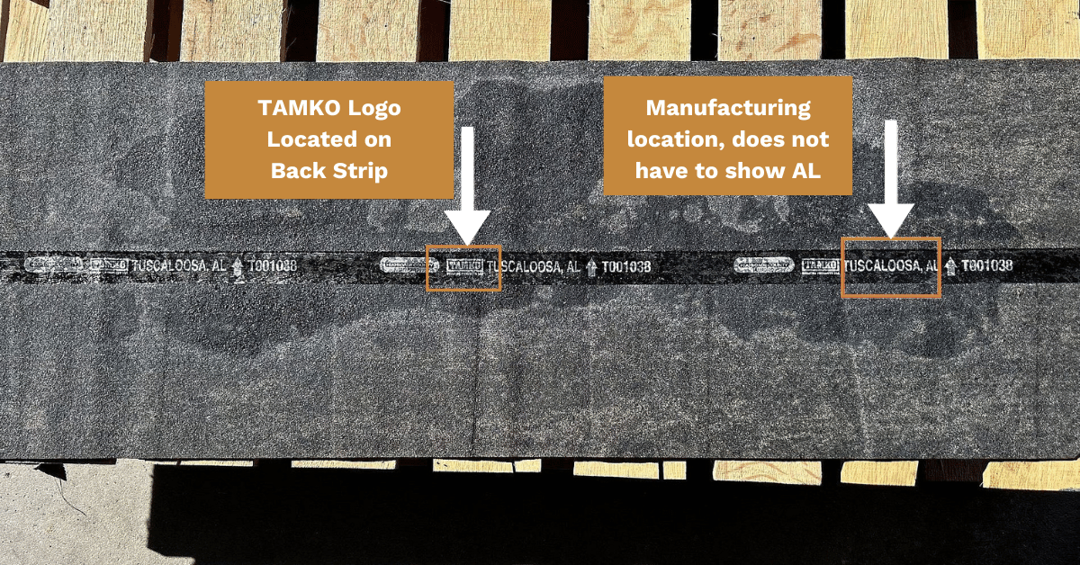 Close-up image of a TAMKO shingle's back strip showing manufacturer branding and production details.