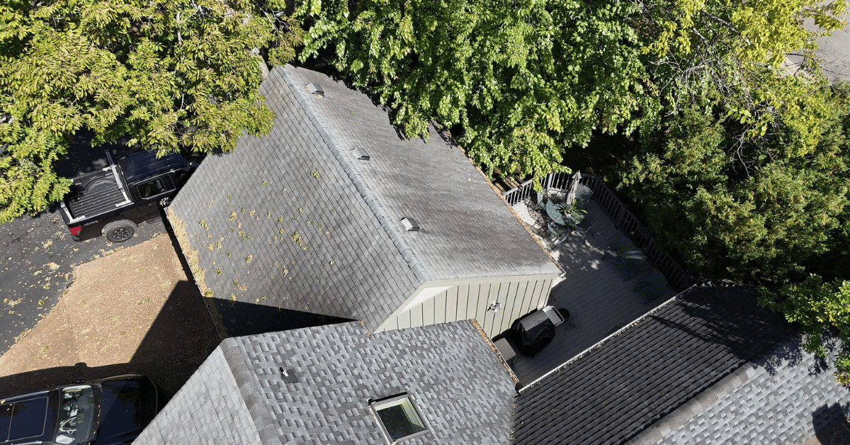 A garage roof covered with dark streaks, moss, and scattered debris.