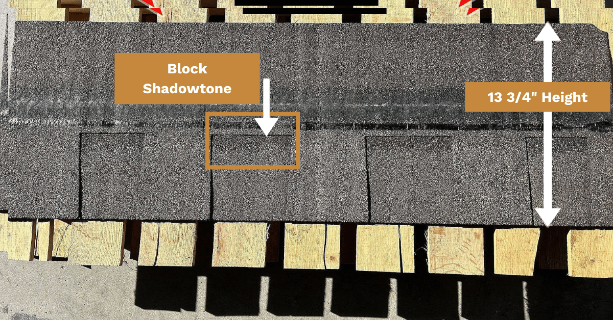 Close-up image of a TAMKO shingle showing its block shadow tone and exact height dimensions.