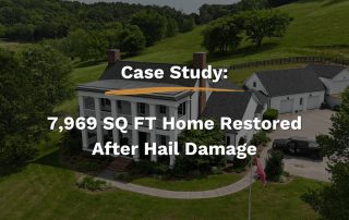 Case study cover image showing a restored white colonial-style home with a new black shingle roof after hail damage in College Grove, TN.