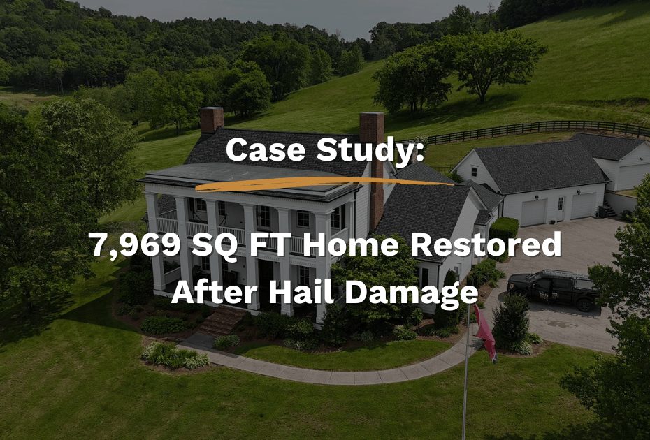 Case study cover image showing a restored white colonial-style home with a new black shingle roof after hail damage in College Grove, TN.