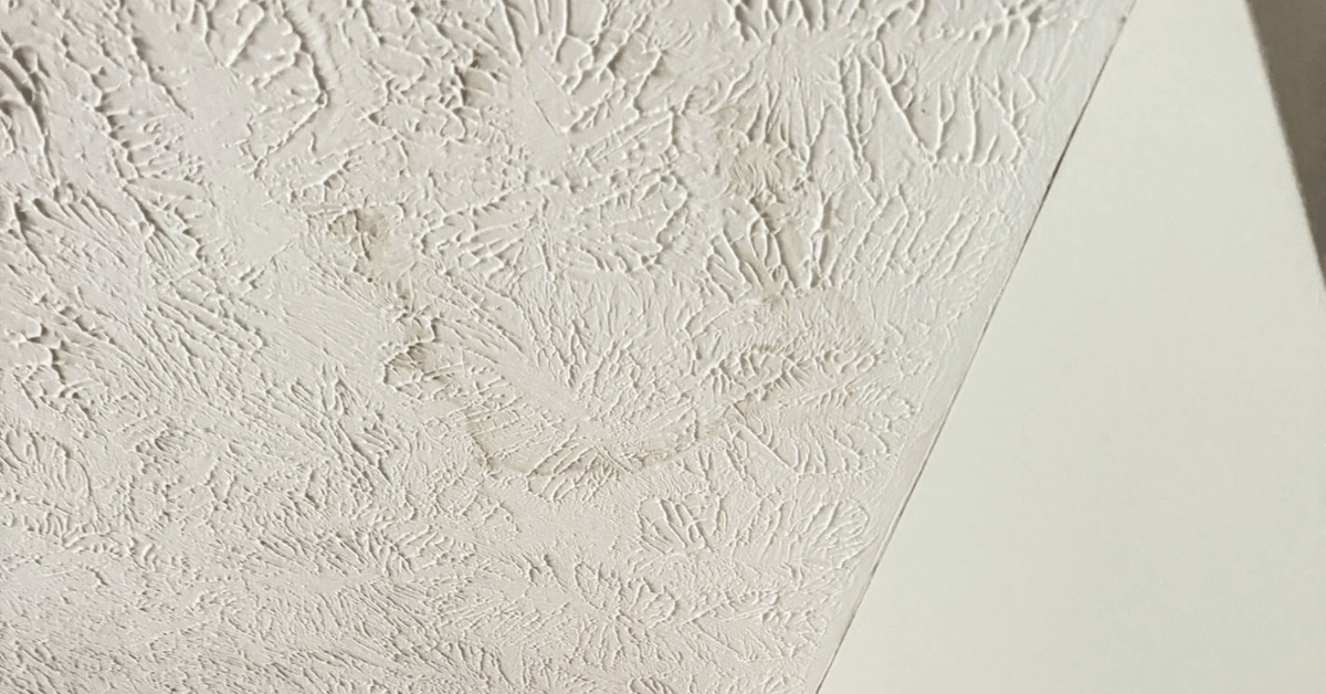 Ceiling water stain indicating a roof leak caused by either storm damage or improper installation techniques, requiring a warranty roof inspection.