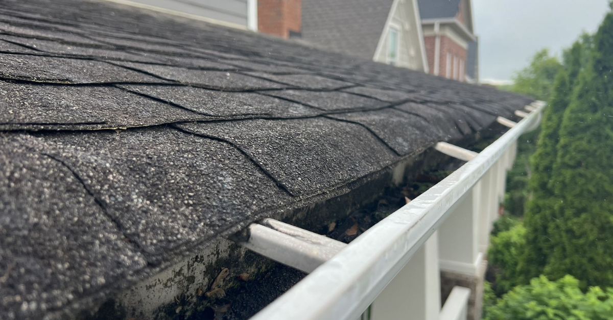 View of a roof edge with clogged gutters, showing the importance of seasonal maintenance to support roof energy efficiency.