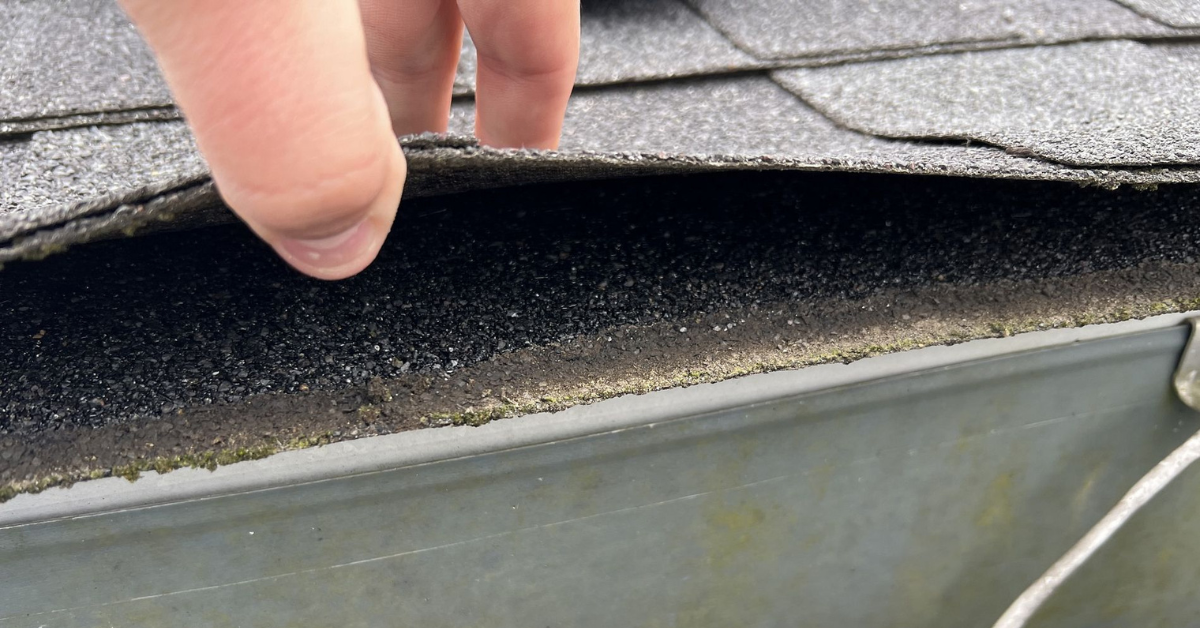 Lifted roof shingles showing separation and granule loss—common indicators of insurance-eligible damage