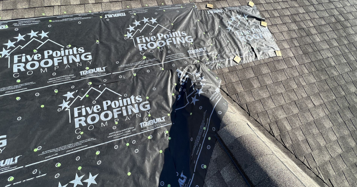 Five Points Roofing Company branded underlayment installed during roof replacement in Brentwood, TN
