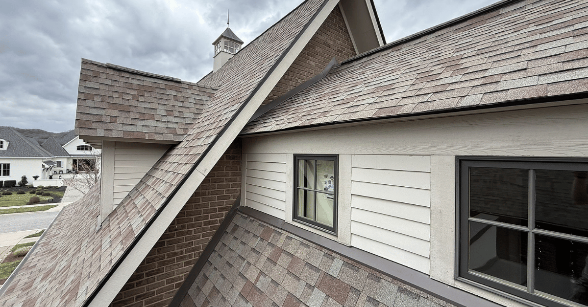 Close-up of a well-maintained steep residential roof with architectural shingles, showing no signs of roof damage or wear and tear.