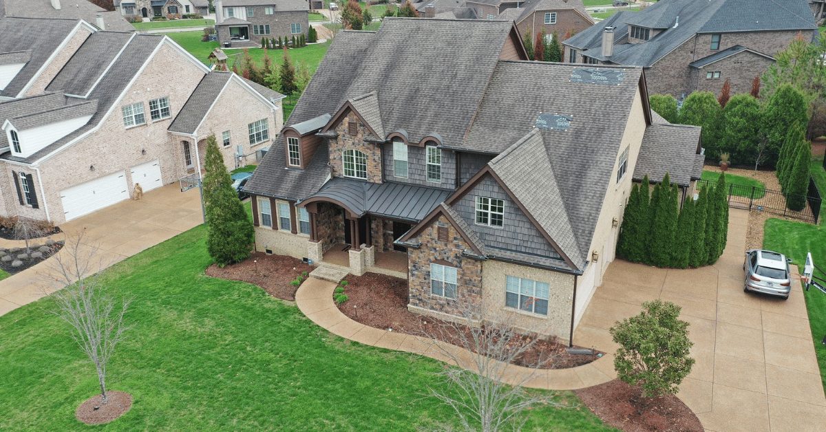Overhead photo of a 5,184 sq ft home in Brentwood, TN, prior to roof replacement by Five Points Roofing.