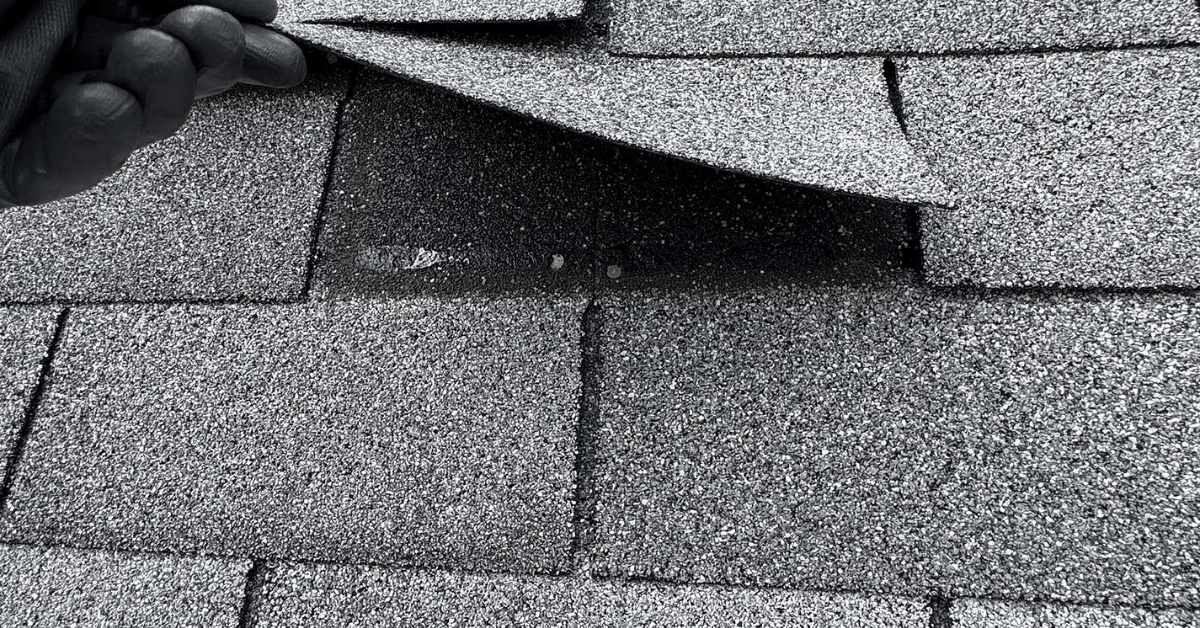 A roofer lifts an asphalt shingle to reveal proper nail placement and sealing during an inspection.