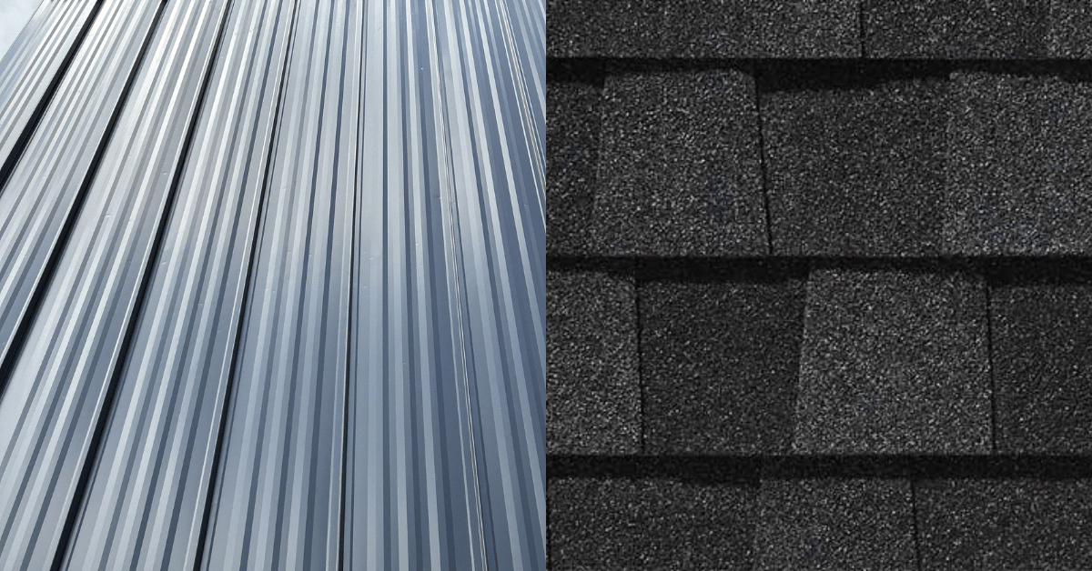 Side-by-side close-up of standing seam metal roofing and black architectural asphalt shingles, showcasing two popular roofing material options.