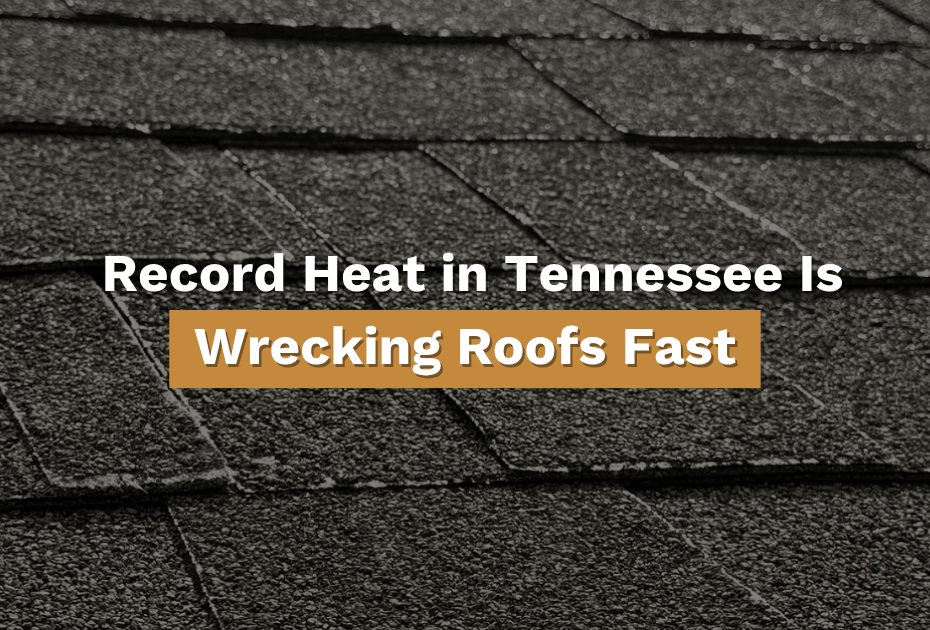 Close-up of heat-damaged asphalt shingles with overlaid text reading “Record Heat in Tennessee Is Wrecking Roofs Fast,” highlighting the impact of extreme heat on roofs.
