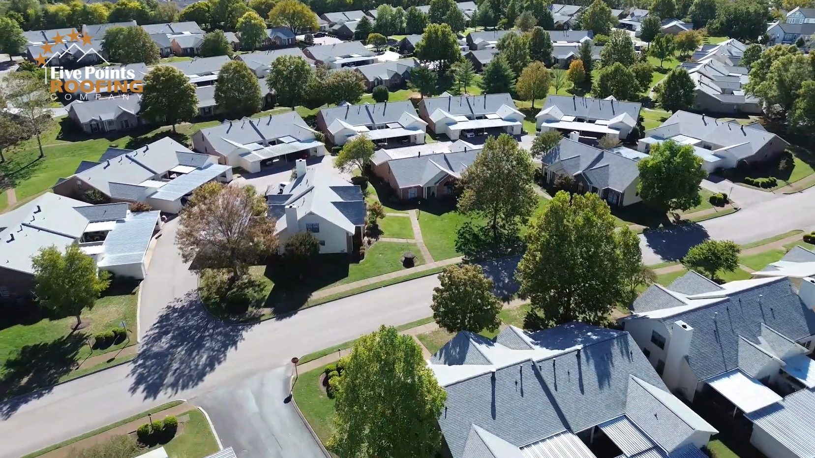 Franklin TN HOA Roofing Project – Consistent Quality Across 140 Roofs Wide shot of reroofed buildings in the Villages of Morningside showing uniform installation quality and cohesive community appearance after a major storm.