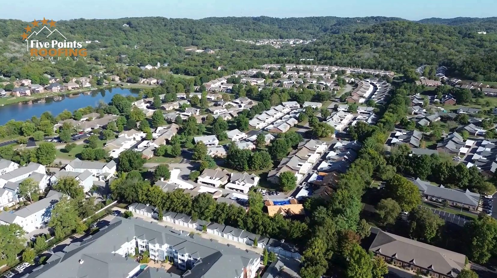 Full Community Roof Replacement at Villages of Morningside – Franklin, TN HOA Project Aerial view of the Villages of Morningside in Franklin, TN showing dozens of homes with new roofs installed by Five Points Roofing after the May 2025 hailstorm.
